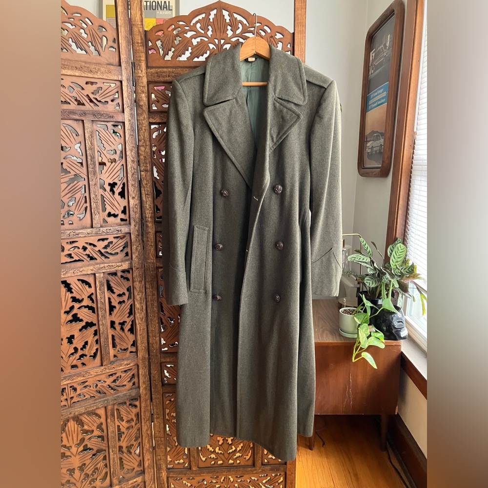 Vintage green wool mid century trench coat, military, 1950s